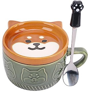 XinHuiGY Süß Hund Kaffeebecher mit Deckel,Tier Teetassen mit Untertasse Set,Kawaii Keramik Tasse mit Keks-Halter,Löffel,Geschenke für Frauen,Lehrer,Freund,für Muttertag,Ostern,Weihnachten