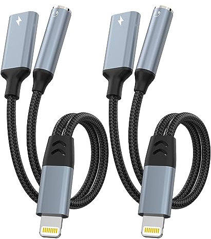 2 Pack iPhone Headphone and Charger Adapter 2-in-1 Lightning to 3.5mm AUX Audio + Lightning Charger Splitter Dongle for iPhone 14/13/12/11 Pro Max/Pro/Plus/Mini/XR/XS/8/7 Plus-Apple MFi Certified