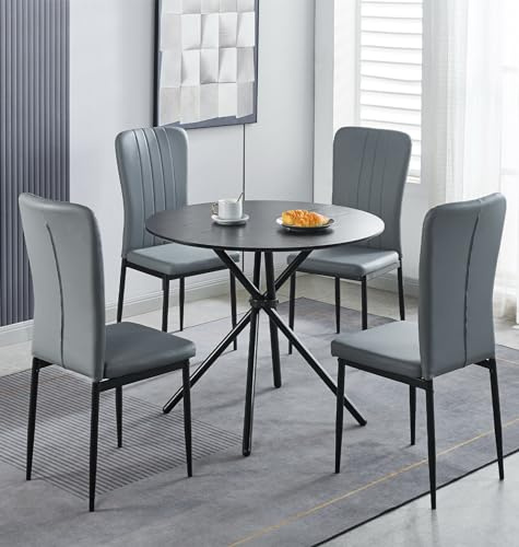Hallowood Furniture Cullompton Small Round Dining Table and Chairs Set 4 | Wooden Effect Black Round Table and Chairs in Light Grey Faux Leather, Modern Dinner Sets for 4 People Ideal for Home or Café