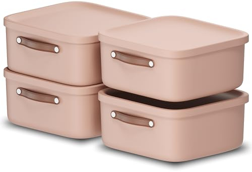 Rotho Maloja Aufbewahrungsbox mit Deckel 4er-Set 20 L stapelbar in Rosa | Aufbewahrungsboxen, Stapelboxen, stapelbar, modular nutzbar, mit Deckel und Trageriemen, für Küche Bad und Kinderzimmer