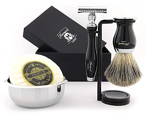 Haryali London 5 Pcs Wet Shave Kit – Complete Shaving Set with Double Edge Safety Razor, Shaving Soap, Shaving Brush, Bowl & Stand – Traditional Shaving Set for Men