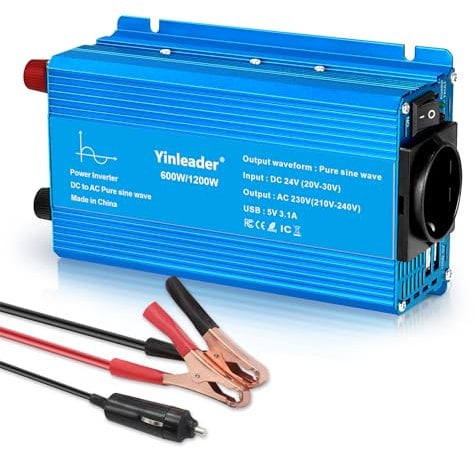 Yinleader 600W/1200W Reiner Sinus Wechselrichter 24V DC auf 230V AC mit 1 EU Steckdose und 2 USB