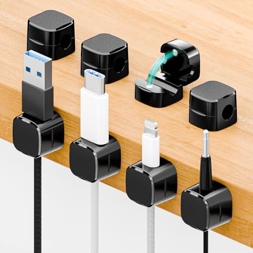 Euqvunn Clip Cavi Scrivania, 8 Pezzi Magnetico con Autoadesivo Clip Cavo, Organizzatore di Cavi per cavo di ricarica USB, cavi di alimentazione, cavo del mouse per casa, ufficio (Nero)