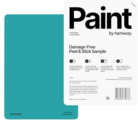 Hemway - Peel & Stick Sample for Our Interior Paint - Tropical Blue | A5 Damage-Free, Accurate Colour Swatch | Test Our Matt Finishes for Interior Decor | Easy to use and eco-friendly