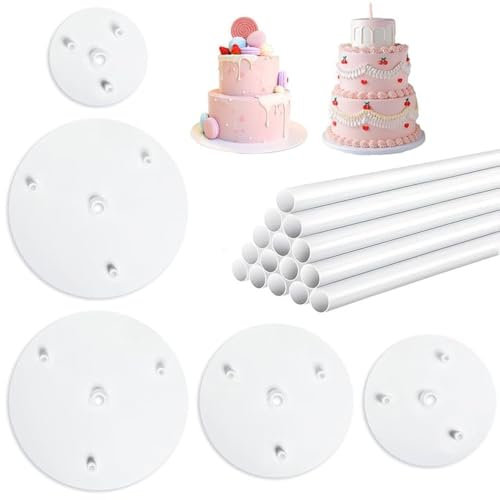 Tortenstützen, Tortenständer Kunststoff 15 Stück Tortendübel mit 5 Stück Kuchenbasis Wiederverwendbar für Tiered Kuchen, zur Gebursttag Hochzeit Party Festival(Ø 12/16/20 cm)