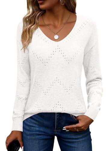 Zeagoo Pull Femme Élégant Pull à Col en V Automne Pull en Crochet Manches Longues Mode Pull Uni Décontracté Hauts S-XXL