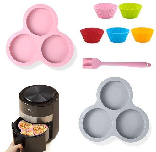 OT-NVWOZR 2PCS Silicone Air Fryer Egg Pan, 3 Hole Muffin Trays with 5 Reusable Baking Cupcake Basting Brush, Air Fryer Accessories Non-Stick Egg Mould for Cooker Pancake Hamburger