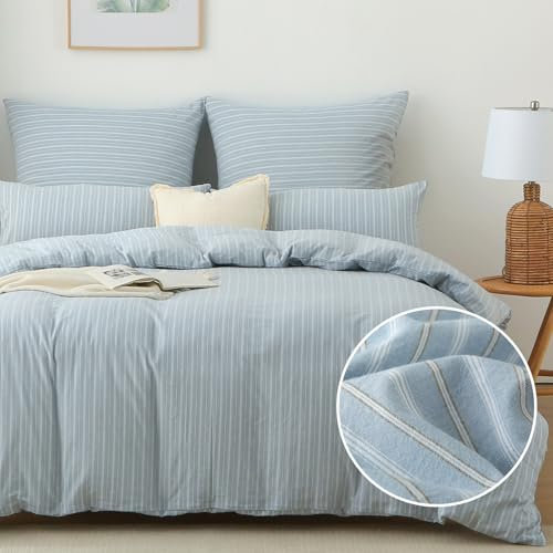 SOULFUL Bettwäsche 155x220 Baumwolle Gestreift, 100% Gewaschene Baumwolle Blau Bettwäsche Sets mit Reißverschluss öKotex Zertifiziert Enthält 1 Bettbezug 155x220 und 1 Kissenbezüge 80x80