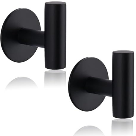 2 Pcs Bathroom Towel Hook Adhesive, Stick on Metal Coat Hooks Robe Hook, SUS 304 Stainless Steel Heavy Duty Door Hanger Towel Robe Clothes Closet Sponges Holder for Bathroom Hotel (Matte Black)