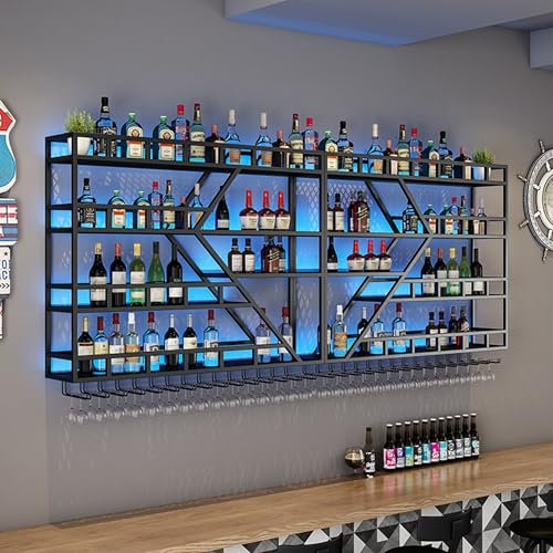 Wall Mounted Wine Rack Shelf with Hanging Wine Glass Rack Bottle Display Shelf with LED Light Floating Bar for Wine Bottles Whiskey Shelf Alcohol Cabinet for Home Bar Cafe Dining Room