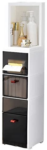 Armadietto portaoggetti da bagno bianco con cassetto multiuso in plastica e bidone della spazzatura, 23,9 x 23,9 x 88,9 cm di altezza, armadio stretto per l'organizzazione del bagno