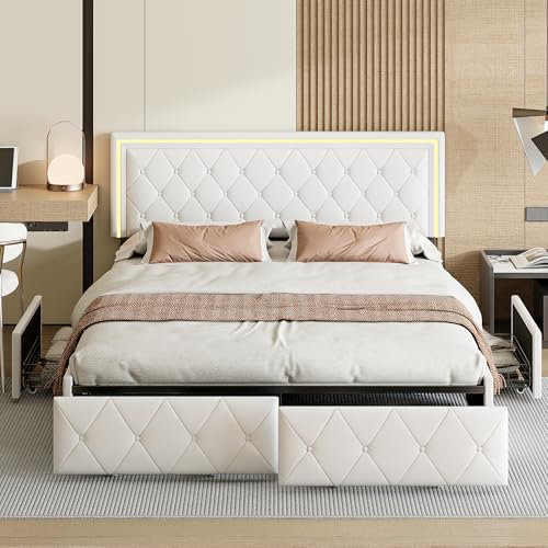 Polsterbett, 140 x 200 cm mit LED-Beleuchtung, Doppelbett mit 4 Aufbewahrungsfächern, Doppelbettgestell mit Lattenrost, Schublade, Doppelbett, ohne Matratze, PU, Beige y Blanco