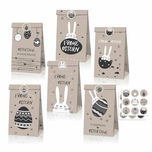 HERZWILD 12pcs bedruckte Geschenktüten zu Ostern mit Aufkleber Ostertüten zum befüllen (B)