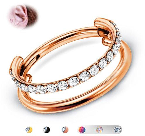 BodyBonita G23 Titane Cartilage Piercing Créoles Clicker 16G CZ Double Septum Anneaux Conch Piercing Bijoux Tragus Daith Helix Boucles d'Or Roseeilles Anneaux de Nez Créoles pour Femmes Or Rose 10mm