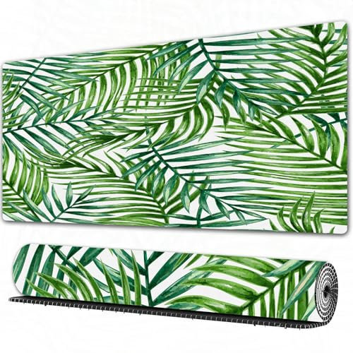 FEHWI Grand Tapis de Souris de Jeu avec Bords surpiqués et Dos antidérapant,sous-Main pour Clavier et Souris,Motif de Feuilles de Palmier Tropicales à l'aquarelle.,80×30 cm