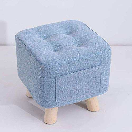 Blauer quadratischer Stoff-Fußhocker mit Aufbewahrungstasche, verbesserte Version, niedriger Sitzhocker, Massivholz, Wohnzimmer, kleiner Stuhl für Schuhwechsel im Schlafzimmer/Flur