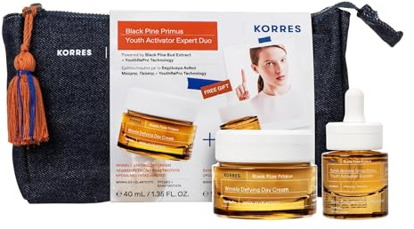 KORRES Black Pine Primus Youth Activator - Expert Duo, Anti-Aging Pflegeset aus Tagescreme 40ml und Booster 15ml für mehr Spannkraft und ein reduziertes Erscheinungsbild von Falten, vegan