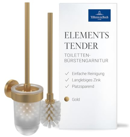 Villeroy & Boch Elements Tender, juego de escobilla de baño, soporte para montaje en pared con recipiente de vidrio satinado, redondo – Oro Cepillado