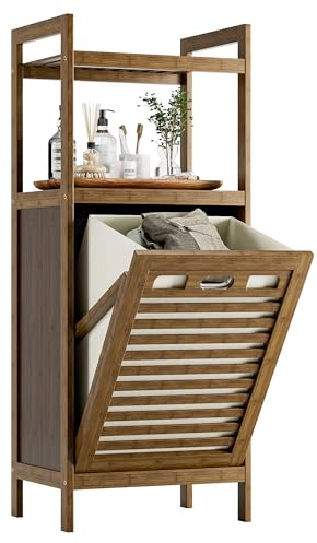 HITNET Mueble Ropa Sucia, Armario de Baño con 1 Cesta de Ropa Sucia y 2 estantes Abiertos, 40L Bolsa Interior Extraíble con Asas para Sala de Estar y Dormitorio, Nogal