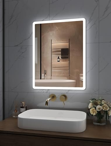 HOROW Badspiegel mit Beleuchtung 50x70 | LED Badezimmerspiegel mit Touch, Dimmbarer Wandspiegel mit 3 Lichtfarben, Anti-Beschlag, horizontal oder vertikal montierbar