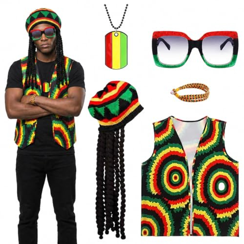 5 Stück Rasta Kostüm Set, Jamaika Reggae hippie kostüm Zubehör mit Vest Jamaican Hat Glasses Bracelet Necklace Dreadlocks Perücke for Women herren Karneval Cosplay Party Masquerade Fancy Dress