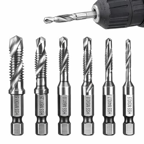 6pcs HSS Drill Bit Set, Spiral Taps,M3 M4 M5 M6 M8 M10 1/4” Hex Shank Screw Thread Tap Drill Bits Set, Durable Titanium Coated Metric Combination Drill Ta-p Bit Tapp for Hard Steel Tapping Machine