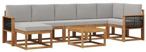 vidaXL Outdoor-Sofagarnitur 8 pcs Natürlich und Hellgrau Polyester, Modernes Garten-Sofa-Set, Flexible Sitzgelegenheiten, Akazienholz, Lounge für Poolbereich, schnell zusammengebaut