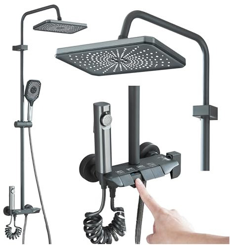Ari Duschsystem Piano mit Bidetbrause und 360 Grad drehbarer Auslauf Regendusche Aufputz Duschset mit Mischbatterie Handbrause und Keramikventil Multifunktionspaneel für das Badezimmer (Graphit)