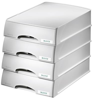Leitz Briefkorb-Schublade A4, 4er Pack, Schubladenbox in Premium-Qualität für vertrauliche Unterlagen, Stapelbare Ablagefächer kombinierbar mit Briefkörben, Grau, Plus-Serie, 52100085