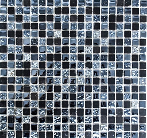 Glasmosaik Quadrat Crystal/Stein mix grau/schwarz Naturstein Fliesenspiegel, Mosaikstein Format: 15x15x8 mm, Bogengröße: 322x305 mm, 10 Bögen