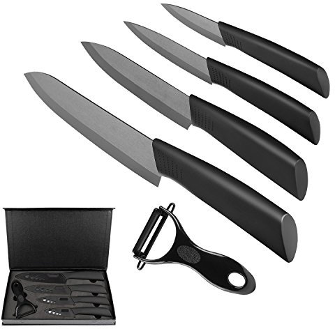 Ballery Couteaux en céramique, Set 5 Couteaux de Cuisine céramique, (6 Couteau Chef, 5 Couteau Utilitaire, 4 Couteau à Fruits, 3 Couteau à éplucher), avec Éplucheur pour Fruit et Légume - Noir