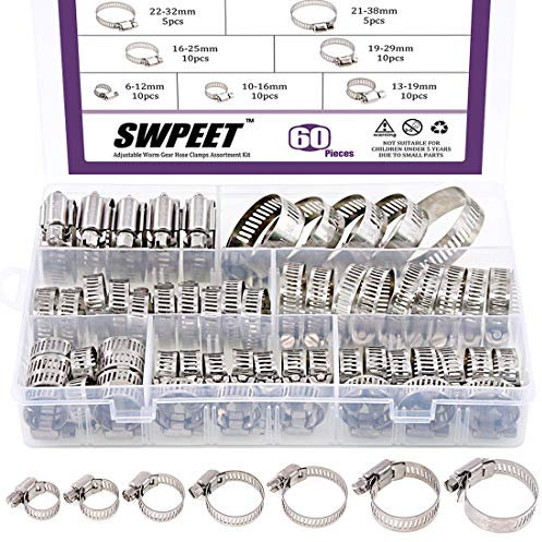 Swpeet 60Pcs Taglie assortite Kit di morsetti per tubi flessibili, 304 in acciaio inossidabile regolabile 6-38mm Gamma Worm Gear Morsetto perfetto per applicazioni idrauliche