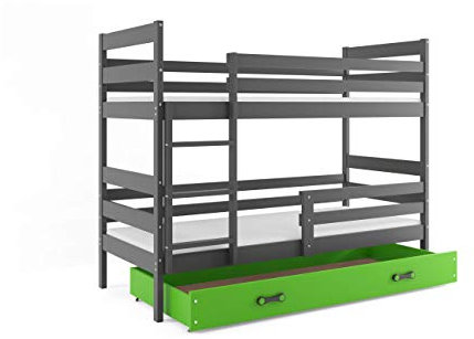Interbeds Kinderbett Eric (Doppelbett) 200 x 90 cm, Farbe Grau, Farbe der Schublade grün, mit Schaumstoffmatratzen 200 x 90 und Lattenrost.
