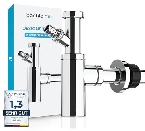 Bächlein Siphon Universel pour Lavabo et Évier avec Raccord pour Appareil – Bonde de Lavabo Design – Siphon Adaptable – Siphon Anti-Odeur avec Orifice de Nettoyage + Mode d’Emploi