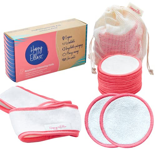 Reusable Cotton Pads x18 pack - Organic Bamboo Cotton Make Up Remover Pads with Large Laundry Bag and Headband. Eco Friendly Gifts, Make Up Gifts For Women By Happy Ella