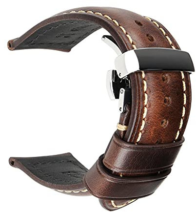 cocolook 18-24mm Echtes Kalbslederband Quick Release Faltschließe Uhrenarmband, Dunkelbraun, 21mm