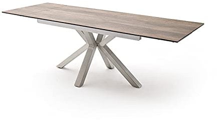 möbelando Nagano Esstisch Glas-Keramik mit vormontierten Stirnauszug, ausziehbar bis 240 cm, Tischplatte aus Sicherheitsglas mit Keramikoberfläche, Edelstahl Gestell mit Tischplatte in Hellgrau