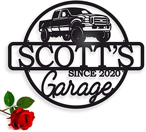 Personnalisé Métal Signe avec Prénom et année de création, Plaque à Suspendre Service Garage, Idée Cadeau pour Les Fans de Voitures et de Motos, Déco de Porte, Mur Tôle, Pickup de voitures américaines