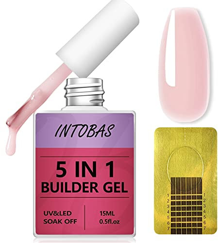 INTOBAS 5 en 1 Kit de Gel Uñas Constructor, Builder Gel de Extensión de uñas Rosa, Esmaltes Semipermanentes de Uñas, Gel para Uñas con 100 Formas, Fortalecedor y Decoración, Reparar Uñas Rotas 15ml