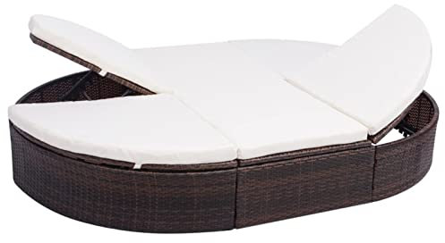 Yolola Outdoor-Loungebett mit Kissen Verstellbar Doppelliege Gartenliege Poly Rattan Braun Rattanliege Loungebett Outdoor Liegestuhl Rattan Relaxliege Rattan-Sonnenliege für 2 Personen