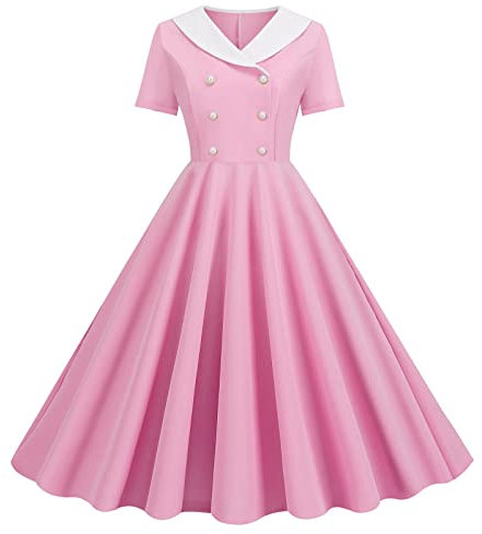 Elegant Dress Summer Foreign Trade Explosion Damen V-Ausschnitt, kurzärmlig, einfarbig, Retro, zweireihig, Knopf, Big Swing-Kleid (Pink, XL)