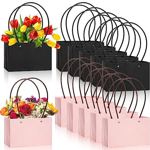 DEAYOU 12 Stück Kraftpapier-Blumen-Geschenktüten, Blumenstrauß-Box, mit Griff, kleine Papiertragetaschen mit wasserdichtem Futter für Blumenarrangements, Partyzubehör, Verpackung, schwarz, rosa