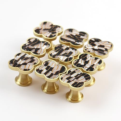 EVERGD 27mm Pure Copper Handle Shell Brass Gold Wardrobe Kitchen Cabinet Door Knobs Drawer Cupboard Hardware Pull Handle Clothes Coat Hook Modern Simple (9, Four-Leaf-Amber&Black)