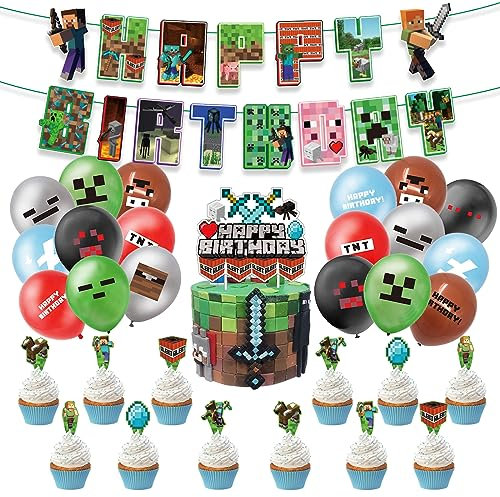 Geburtstagsdeko Jungen Mädchen Minecraft Geburtstag Deko Minecraft Party Dekoration Set Enthält Happy Birthday Banner Luftballons Tortendeko Kuchen Deko für 3 4 5 6 7 8 9 10 Jahre