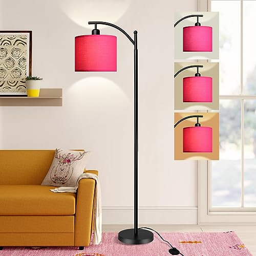 DINGLILIGHTING Dimmable Floor Lamp, Modern Standing Lamp with Reading Light, Tall Lamp for Living Room, Bedroom,3 Color Temperatures, Matte Black with Rose Colored Linen Shade(Bulb Included)