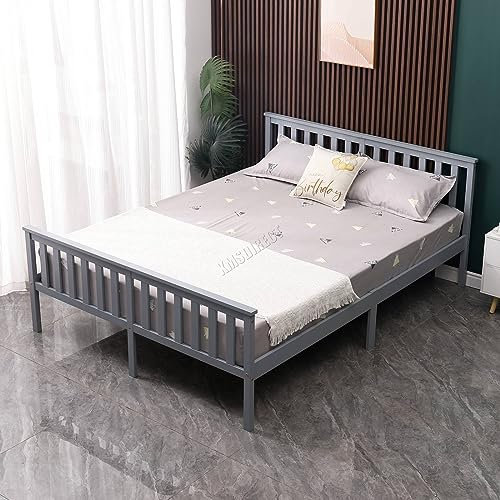 WestWood Double Bed Solid Pine Frame Headboard Durable Shaker Style With Footboard Wooden Platform With Wood Slat Support Bedroom Furniture Strong Support Legs Adults Kids Teenagers Grey