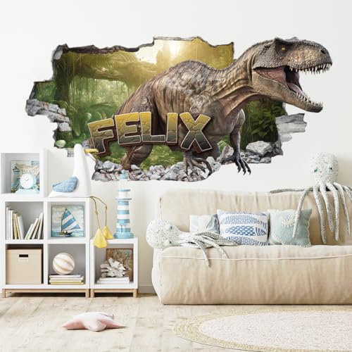 tjapalo® vz22N 3D Wandtattoo Kinderzimmer Name Deko Jungenzimmer Dino Wandtattoo T-Rex Wandsticker Kinderzimmer junge Name wandbilder dinosaurier, Größen Name: B64xH30cm