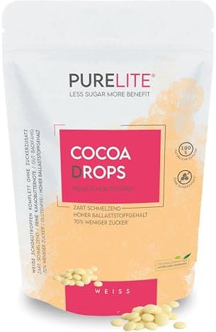 PURELITE Cocoa Drops bianco 450g, gocce di cioccolato bianco senza zuccheri aggiunti con eritritolo e stevia senza retrogusto, con il 70% di calorie in meno