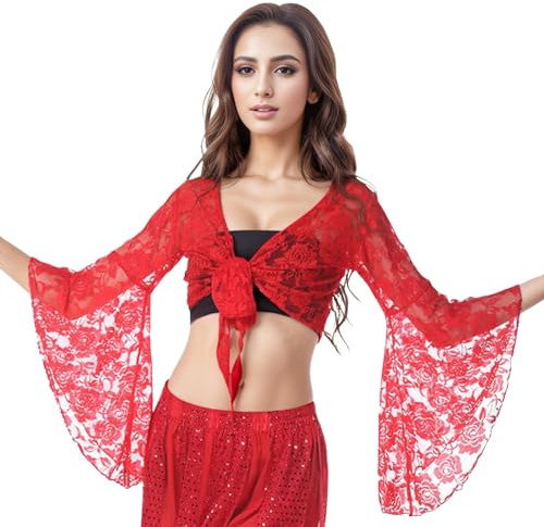 Duohropke Damen Bauchtanz Kostüm Cardigan mit Quasten Crop Top Spitze Patchwork Langarm Bolero Shrug Top Elegant Schulterjacke Festlich