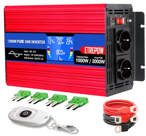 ETREPOW 1000W Wechselrichter 12v 230v Reiner Sinus Spannungswandler mit 2 EU-Steckdose und Einer 2,1A USB,Drahtlose Fernsteuerung,LCD Bildschirm und 2 Lüftern-Spitzenleistung 2000w Kfz Konverter